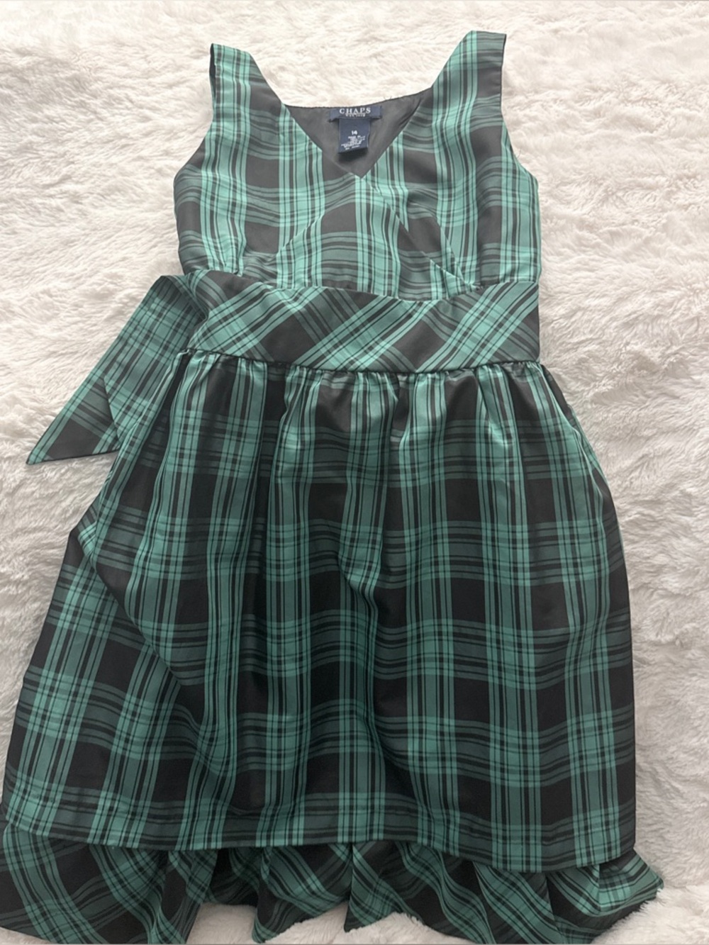 Chaps Dress Girls Size 14 Green Black Plaid with Tie EUC. Lined w/crinoline